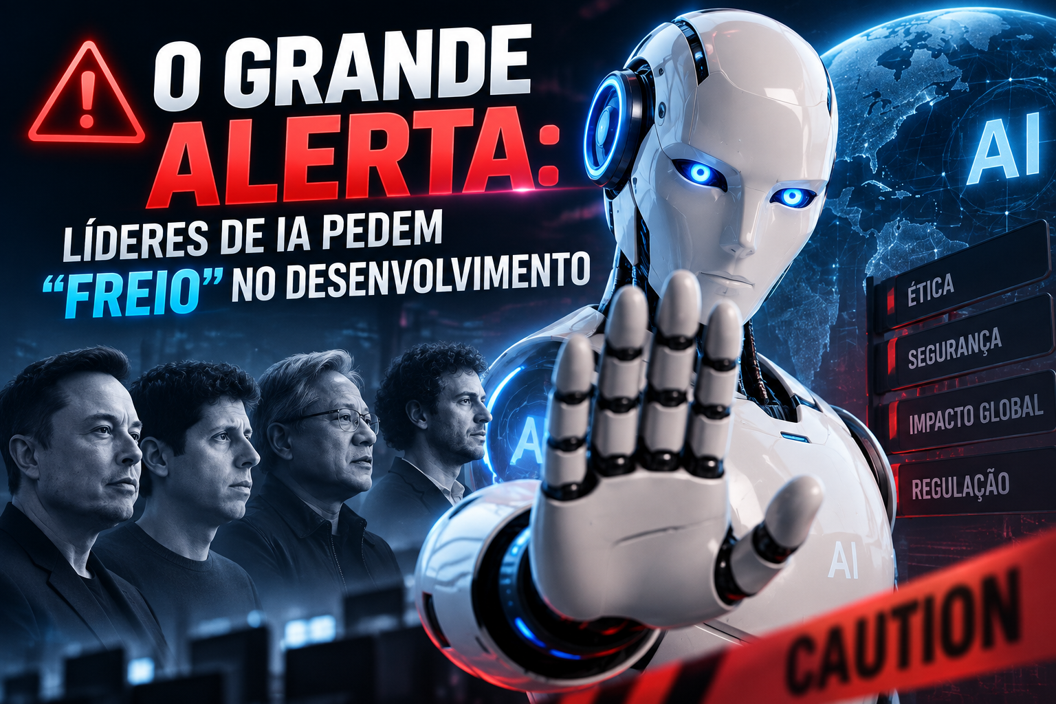 **Texto alternativo (alt):** “Robô humanoide faz gesto de pare diante de um cenário tecnológico, ilustrando alerta de líderes sobre os riscos e a necessidade de desacelerar o desenvolvimento da inteligência artificial.”